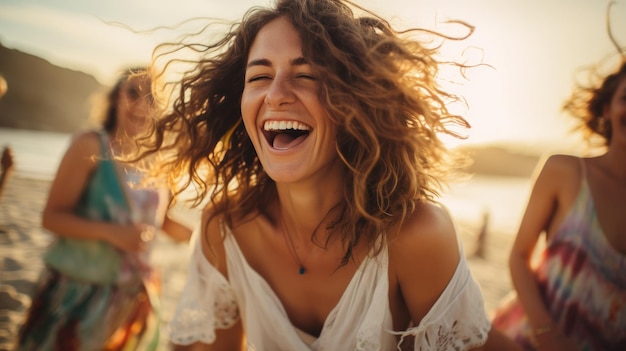 Amis joyeux s’amusant à la fête sur la plage