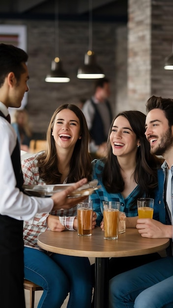 Des amis joyeux s'amusent en parlant à un serveur dans un café.