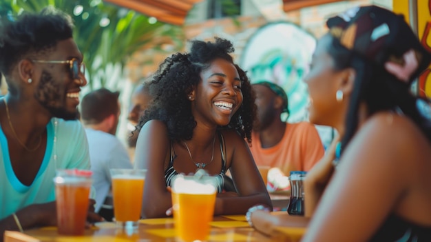 Des amis joyeux en train de boire un verre au bar en plein air.