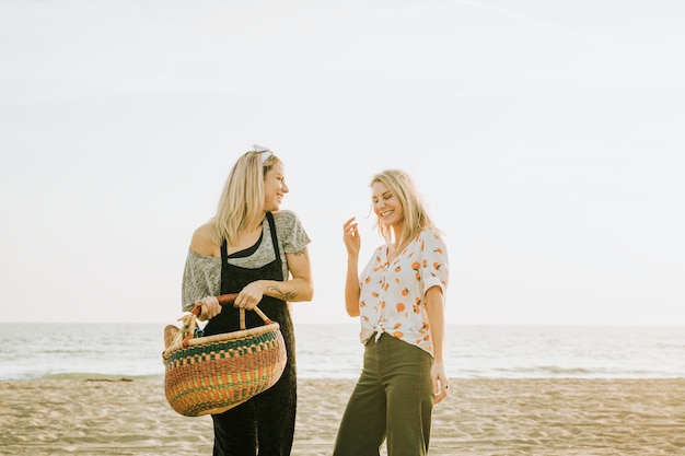 Amis marchant sur la plage avec un panier pique-nique