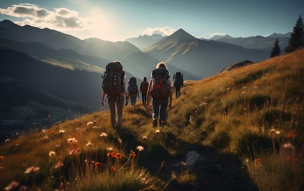 Amis marchant sur un sentier panoramique AI générative