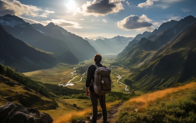 Amis marchant sur un sentier panoramique AI générative