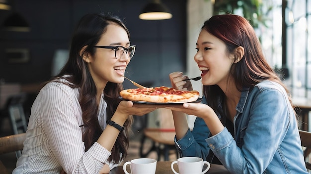 Des amis mignons dans un café qui mangent une pizza.