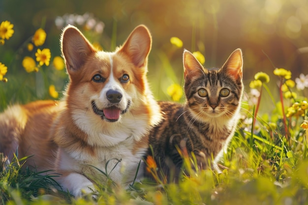 Des amis mignons et moelleux, un chien corgi et un chat tabby, s'assoient ensemble dans une prairie ensoleillée de printemps.