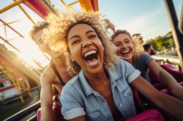 Des amis sur des montagnes russes dans un parc d'attractions. Des gens qui s'amusent dans un park d'attraction.