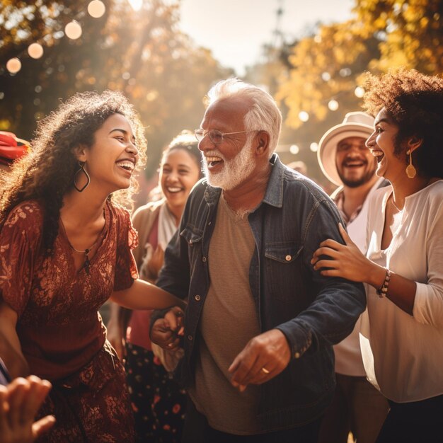 Des amis multiculturels et une famille dansent ensemble lors d'une fête en jardin en plein air par une journée ensoleillée.