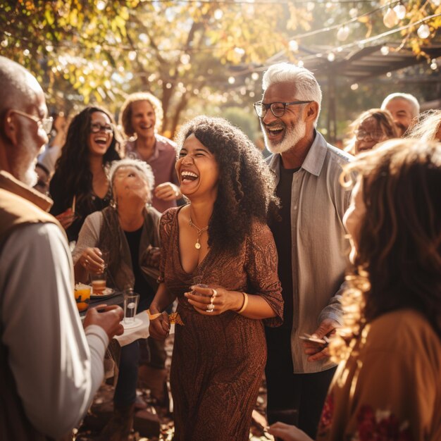 Des amis multiculturels et une famille dansent ensemble lors d'une fête en jardin en plein air par une journée ensoleillée.