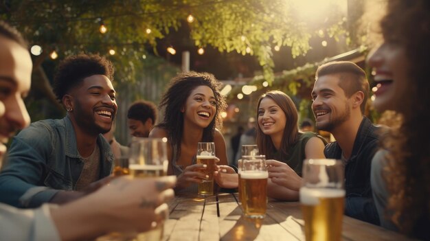 Des amis multiethniques brindant à la bière lors d'un dîner dans l'arrière-cour. Des jeunes divers profitant de la table du bar.