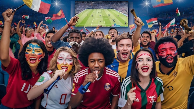 Des amis multinationaux soufflant par vuvuzela pendant le match de football