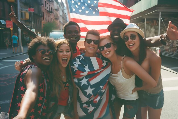 Des amis multiraciaux de différentes ethnies célèbrent le 4 juillet avec le drapeau américain dans les rues de New York.