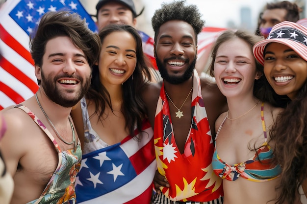 Photo des amis multiraciaux de différentes ethnies avec le drapeau américain célèbrent le 4 juillet dans les rues de new york.