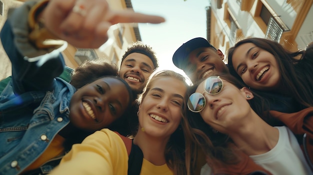 Photo des amis multiraciaux prenant une photo de groupe selfie avec un téléphone portable intelligent à l'extérieur sur c ia générative