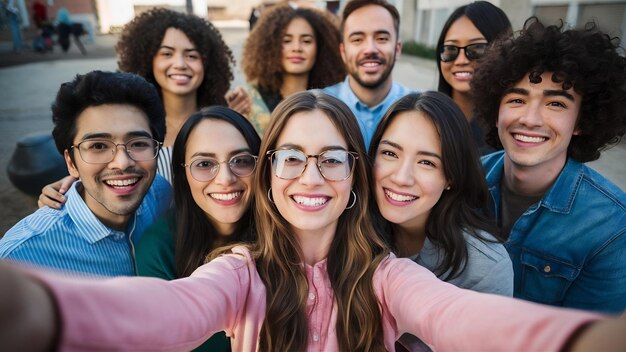 Des amis multiraciaux prennent un grand selfie en groupe en souriant à la caméra.