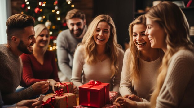 Amis ouvrant des cadeaux de Noël dans le salon