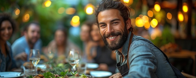 Des amis partagent un repas dans un restaurant sur le toit