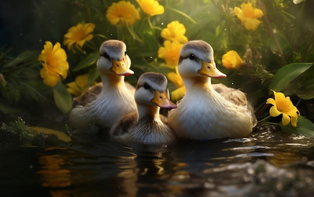 Les amis plumés du paradis du canard parmi les fleurs jaunes AI générative