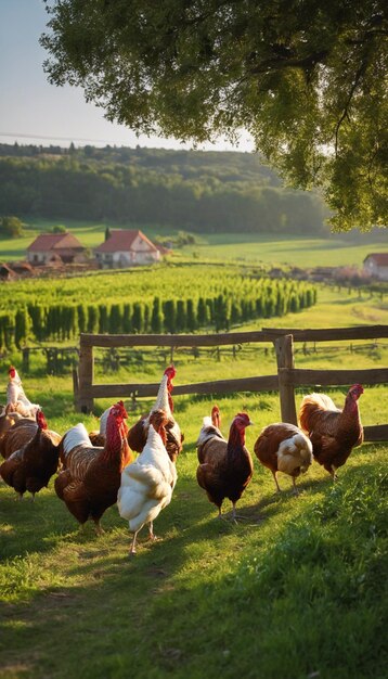 Photo des amis plumés rient d'une charmante histoire de la ferme de poulets