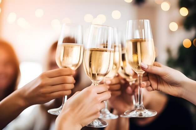 Photo amis portant un toast avec des verres de champagne sonnant le nouvel an avec joie