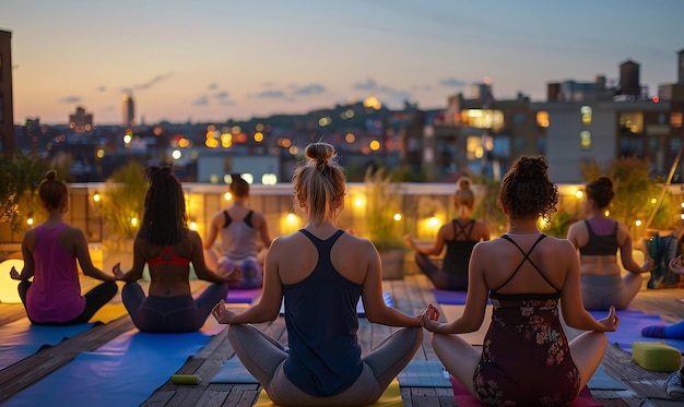 Des amis pratiquent le yoga en couple dans un studio vibrant