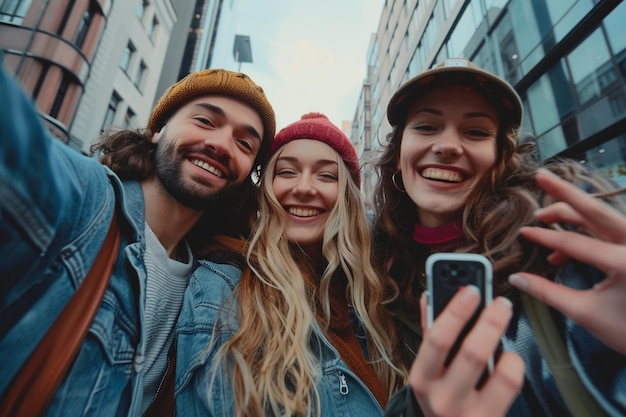 Des amis prenant un selfie ensemble dans une rue de la ville