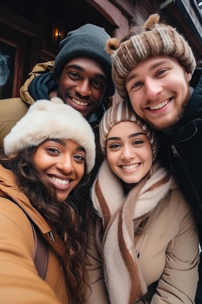 Amis prenant un selfie en hiver généré par l'IA