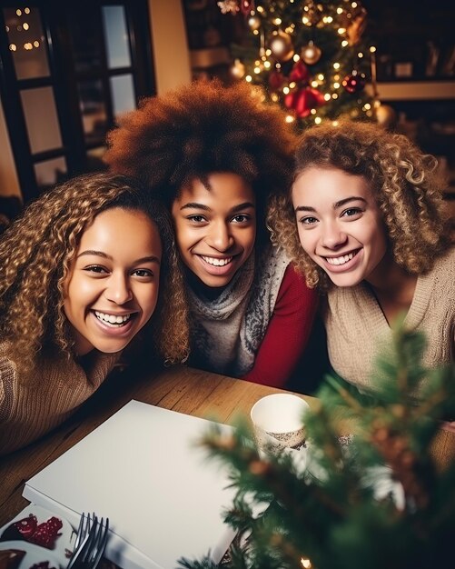 Amis prenant un selfie à Noël généré par l'IA