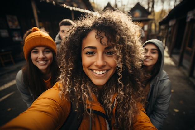 amis prenant un selfie en ville