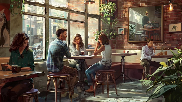 Des amis prennent un café et discutent dans un café