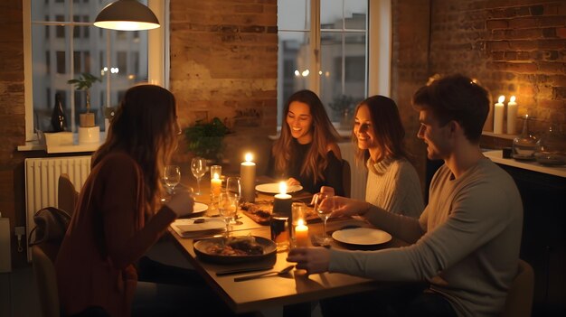 Des amis prennent le dîner de Noël à la table à manger.