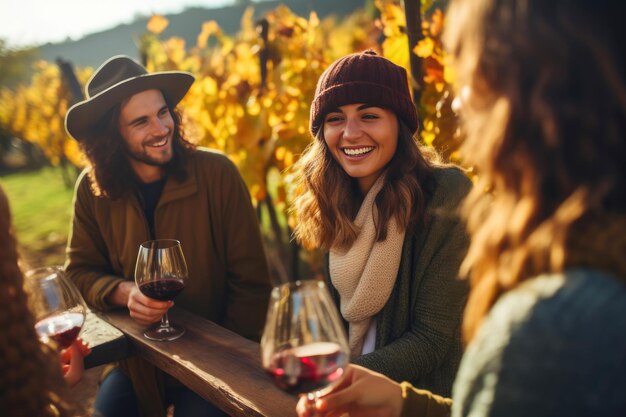 Des amis prennent un toast dans une vigne de campagne