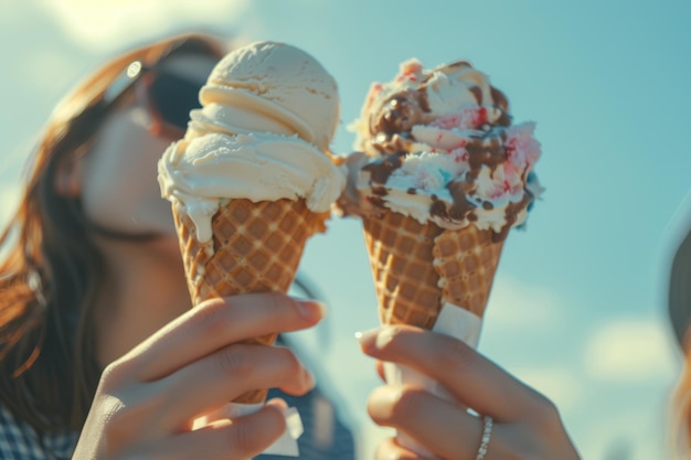 Des amis de près mangeant des glaces.