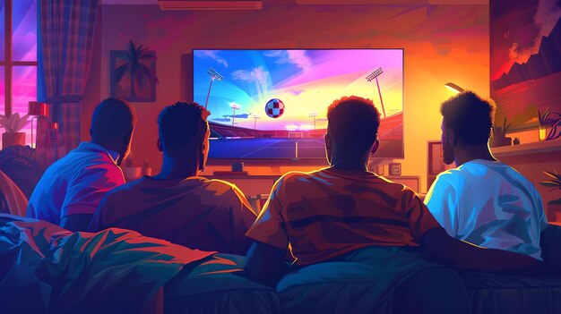 Des amis profitant d'un jeu de football au coucher du soleil vibrant à la télévision soirée confortable couleurs chaudes temps de loisirs à la maison divertissement décontracté à l'intérieur AI