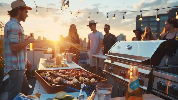 Photo des amis profitent d'un barbecue sur le toit au coucher du soleil.