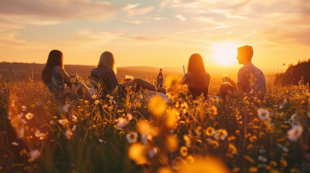Des amis profitent d'un pique-nique au coucher du soleil dans un champ en fleurs entouré de riches teintes dorées et ambres