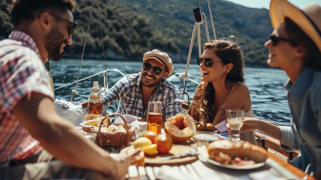 Des amis profitent d'un pique-nique sur un bateau ils mangent boivent et rient le soleil brille et l'eau est calme