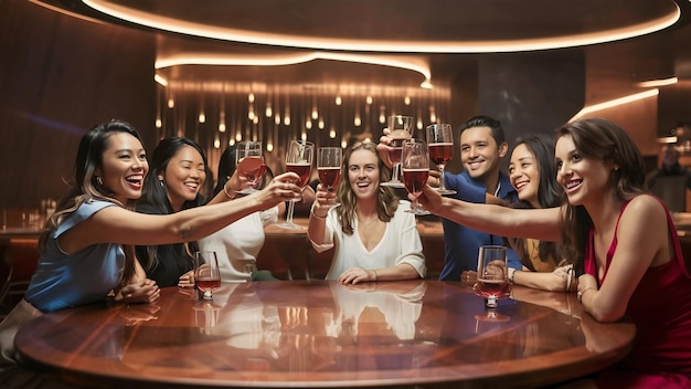 Des amis qui boivent des verres dans un bar moderne.