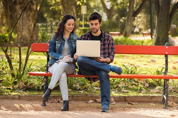 Les amis qui étudient dans le parc