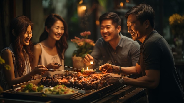 Des amis qui font un barbecue dans le jardin.