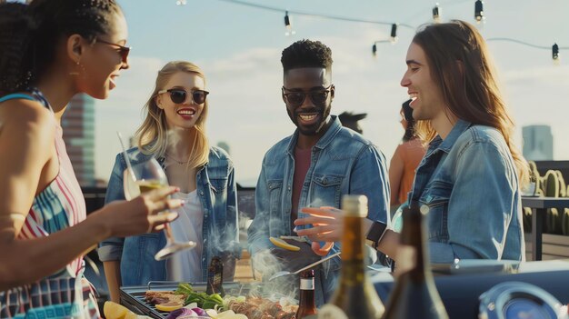 Des amis qui font un barbecue sur un toit ils sourient tous et rient et apprécient la nourriture et la compagnie les uns des autres