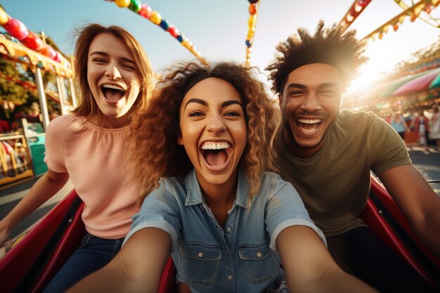 Photo amis qui rient dans les manèges du parc d'attractions