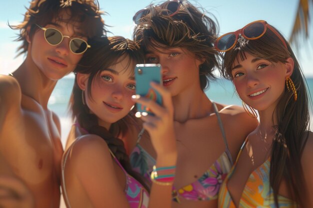 Des amis qui se font un selfie sur la plage.