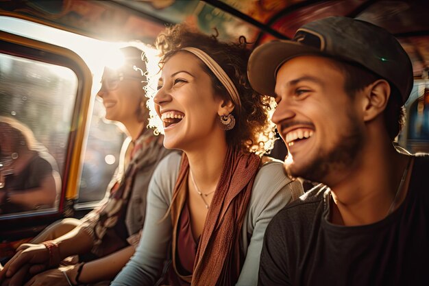 Les amis qui sourient et rient ensemble pendant le trajet sont toujours sur la carte.