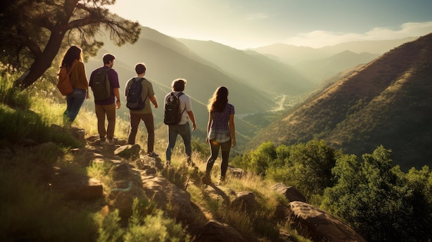 Photo amis en randonnée sur un sentier panoramique dans les montagnes