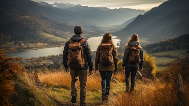 Amis en randonnée sur un sentier panoramique dans les montagnes