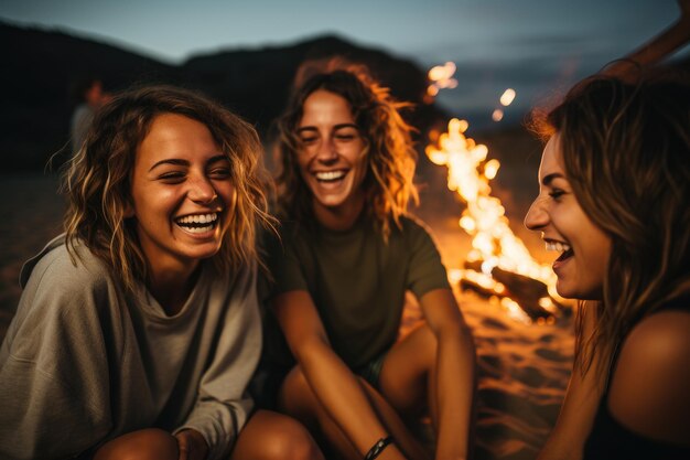 Photo amis riant autour d’un feu de joie à la plage