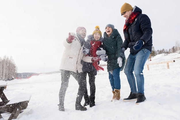 Amis s'amusant dans la neige