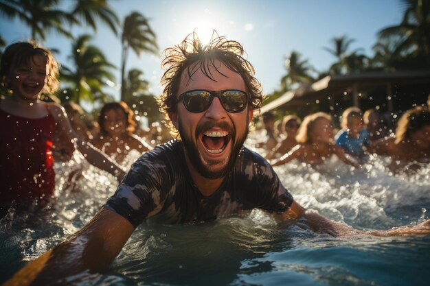 Amis s'amusant dans une piscine tropicale générative IA