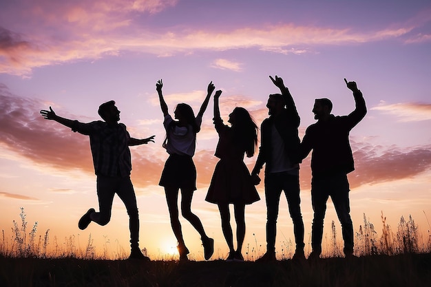 Les amis s'amusent au coucher du soleil Les amis drôles Un groupe de gens dans la nature