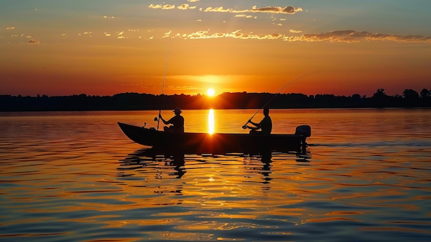 Des amis s'amusent à pêcher au coucher du soleil