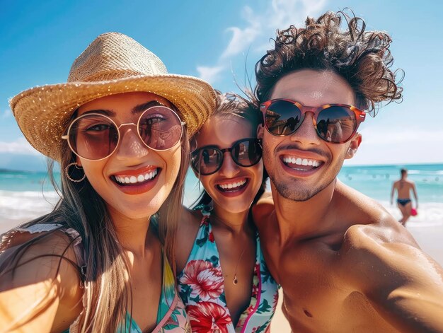 Des amis se détendent sur la plage Un moment heureux